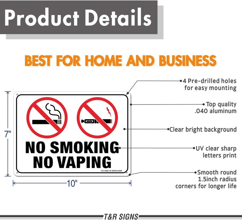 TR لا للتدخين ولا للتبخير - عبوة 4 - 10 × 7 بوصات من الألمنيوم المقاوم للصدأ .040 - محمي من الأشعة فوق البنفسجية، مقاوم للماء، مقاوم للعوامل الجوية ومقاوم للتلاشي - 4 ثقوب مسبقة الحفر - Image 2