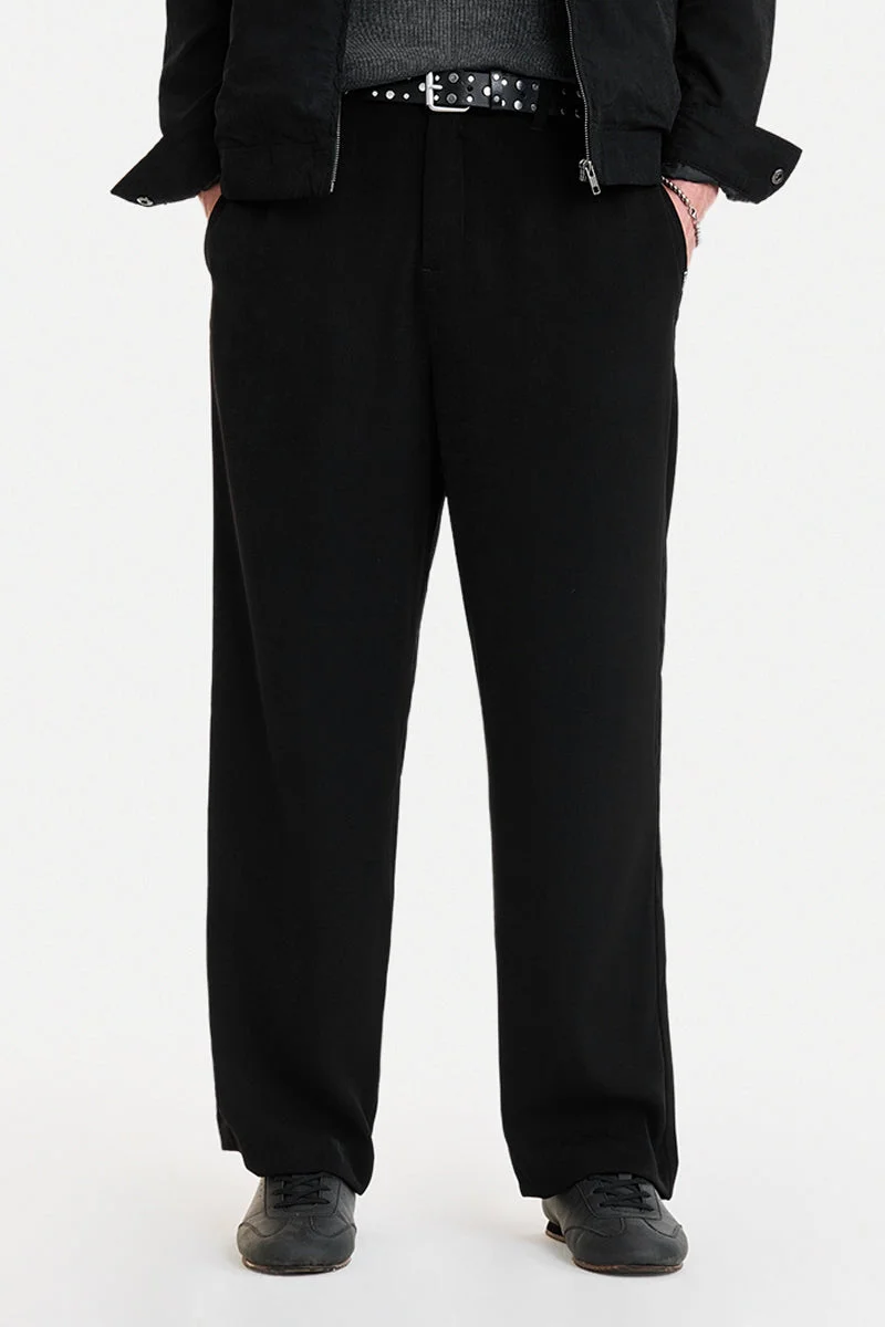 SNITCH Black Textured Relaxed Casual Trousers