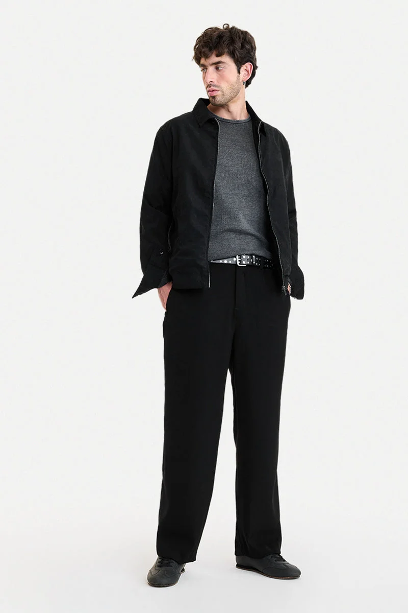 SNITCH Black Textured Relaxed Casual Trousers