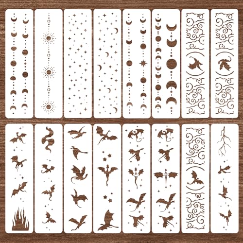 WJIAAA 16pcs Border Stencils for PaintingDragon Star Moon Cloud Pattern Stencils for Crafts Reusable on Wood Burning Drawing Art Paint Patterns DIY Wood Wall Canvas Floor Furniture Crafts - Image 1