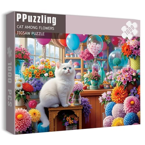 PPuzzling Flower Cat Puzzles for Adults 1000 Pieces Colorful Floral Plant Jigsaw Puzzles Challenging Animal Cute Kitten Puzzle as Home Wall Art - Image 1