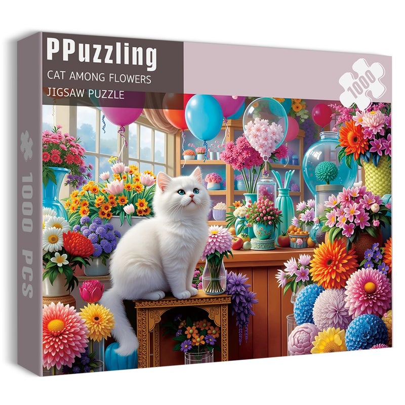 PPuzzling Flower Cat Puzzles for Adults 1000 Pieces Colorful Floral Plant Jigsaw Puzzles Challenging Animal Cute Kitten Puzzle as Home Wall Art - Image 3