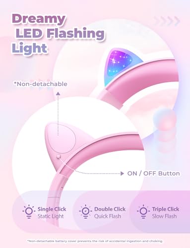 iClever Kids Headphones with Cat Ear Led Light Up, Safe Volume Limite, FunShare, Foldable, Over-Ear Headphones for Kids for School/iPad/Tablet/Travel, Meow Donut-Pink - Image 3