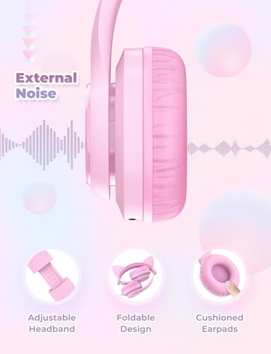 iClever Kids Headphones with Cat Ear Led Light Up, Safe Volume Limite, FunShare, Foldable, Over-Ear Headphones for Kids for School/iPad/Tablet/Travel, Meow Donut-Pink - Image 5