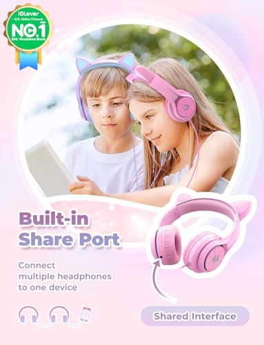 iClever Kids Headphones with Cat Ear Led Light Up, Safe Volume Limite, FunShare, Foldable, Over-Ear Headphones for Kids for School/iPad/Tablet/Travel, Meow Donut-Pink - Image 2
