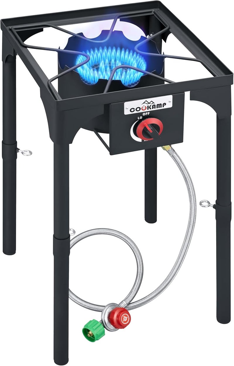 COOKAMP High Pressure Single Propane Burner 55,000BTU Outdoor Camping Stove with 0-20 PSI Adjustable Regulator and Steel Braided Hose (55,000BTU) - Image 1