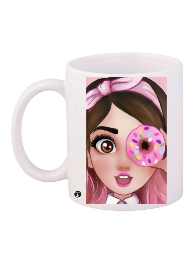 RYN Cartoon Girl Printed Coffee Mug White/Pink/Beige 11ounce