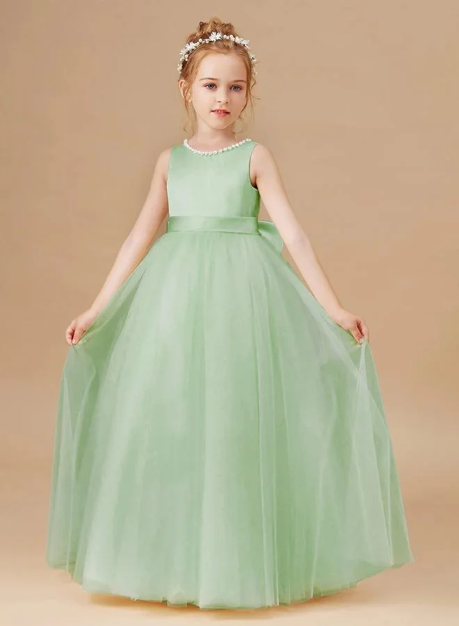 Styli Styli Girls Green Pearl Decor Deep V-Back Party Dress