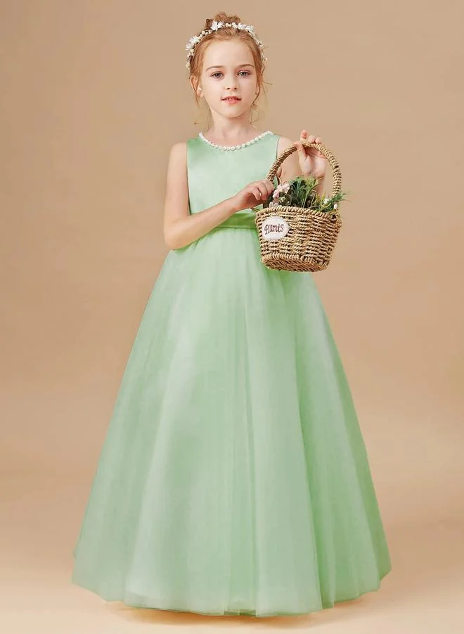 Styli Styli Girls Green Pearl Decor Deep V-Back Party Dress