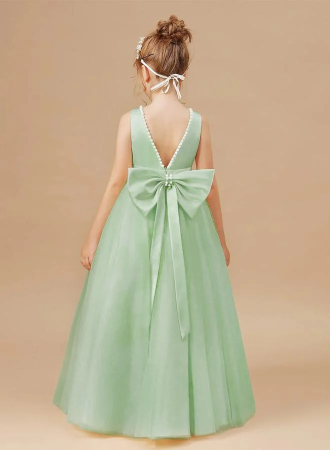 Take Two Girls Green Pearl Decor Deep V-Back Party Dress