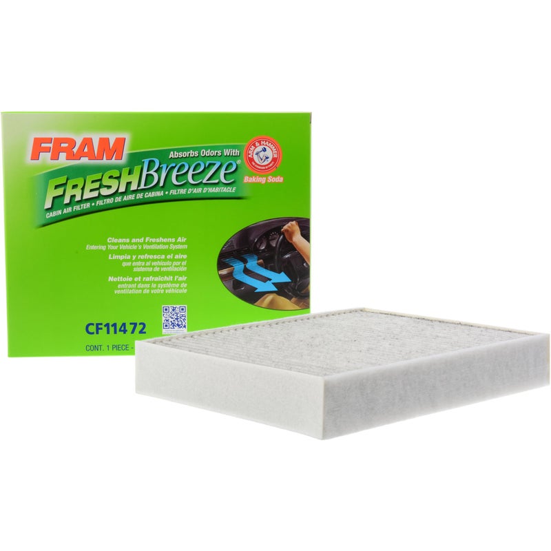 فلتر هواء المقصورة FRAM Fresh Breeze بديل لسيارات الركاب مع صودا الخبز من Arm and Hammer سهل التركيب CF11472 لمجموعة مختارة من سيارات BMW بيضاء