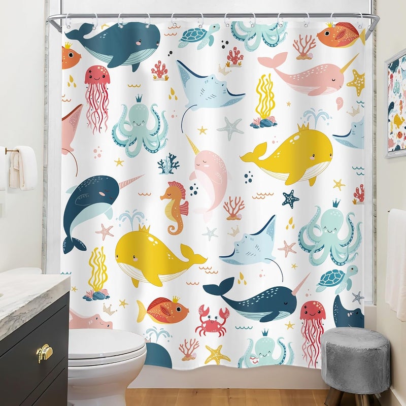 Riyidecor Funny Whale Kids Shower Curtain 72Wx72H Inch Cartoon Dolphin Curtains Cute Marine Animal Ocean Fish Underwater Sealife for Boys Girls Bathroom Decor Fabric Polyester Waterproof 12 Pack Hooks - Image 4