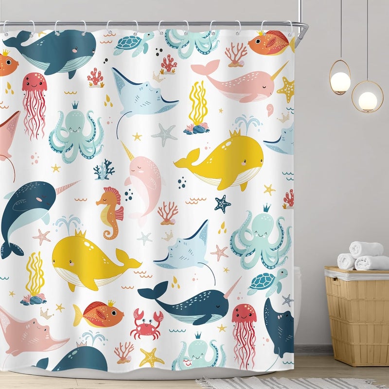 Riyidecor Funny Whale Kids Shower Curtain 72Wx72H Inch Cartoon Dolphin Curtains Cute Marine Animal Ocean Fish Underwater Sealife for Boys Girls Bathroom Decor Fabric Polyester Waterproof 12 Pack Hooks - Image 2
