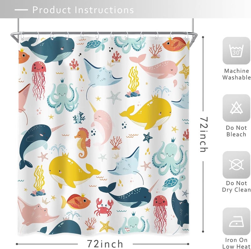 Riyidecor Funny Whale Kids Shower Curtain 72Wx72H Inch Cartoon Dolphin Curtains Cute Marine Animal Ocean Fish Underwater Sealife for Boys Girls Bathroom Decor Fabric Polyester Waterproof 12 Pack Hooks - Image 5