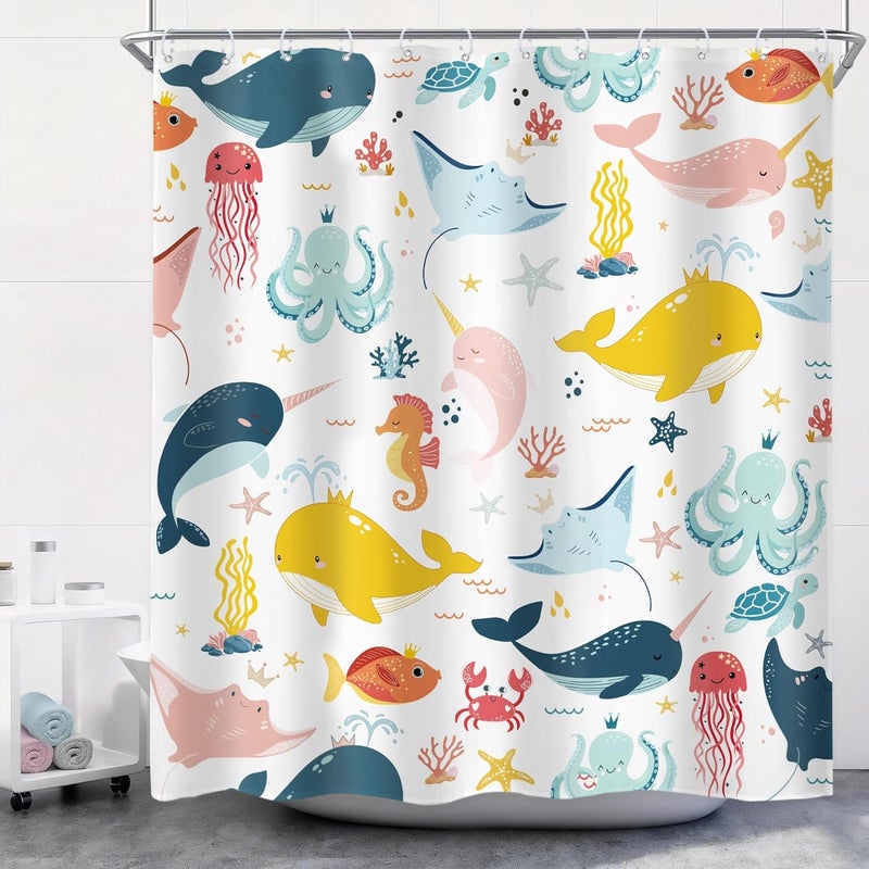 Riyidecor Funny Whale Kids Shower Curtain 72Wx72H Inch Cartoon Dolphin Curtains Cute Marine Animal Ocean Fish Underwater Sealife for Boys Girls Bathroom Decor Fabric Polyester Waterproof 12 Pack Hooks - Image 1
