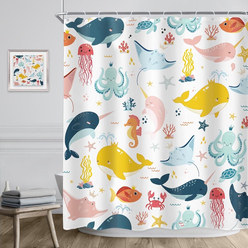 Riyidecor Funny Whale Kids Shower Curtain 72Wx72H Inch Cartoon Dolphin Curtains Cute Marine Animal Ocean Fish Underwater Sealife for Boys Girls Bathroom Decor Fabric Polyester Waterproof 12 Pack Hooks - Image 3
