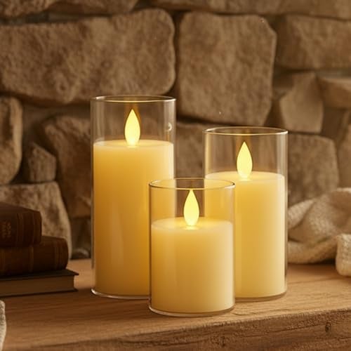 coku Set of 3 Flameless LED Pillar Candles with Acrylic Glass Holders, Realistic Flickering Moving Flame, Battery Operated, Smokeless Safe Decorative Candles Gift for Home, Wedding, Diwali, Christmas - Image 1