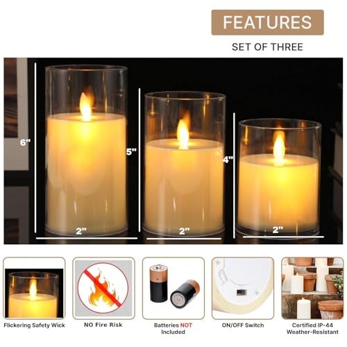 coku Set of 3 Flameless LED Pillar Candles with Acrylic Glass Holders, Realistic Flickering Moving Flame, Battery Operated, Smokeless Safe Decorative Candles Gift for Home, Wedding, Diwali, Christmas - Image 3