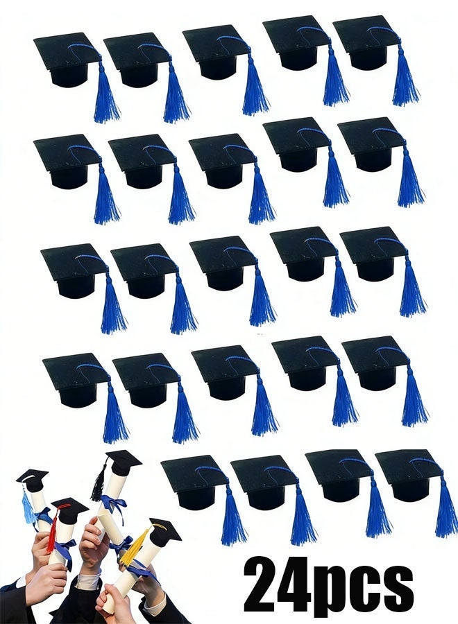 Ailily A set of 24 graduation caps Set with blue Tassel  for graduation parties,Mini Graduation Cap Hats Plastic Grad Cake Wine Bottle Cover Toppers for Graduation Party Decorations - Image 1