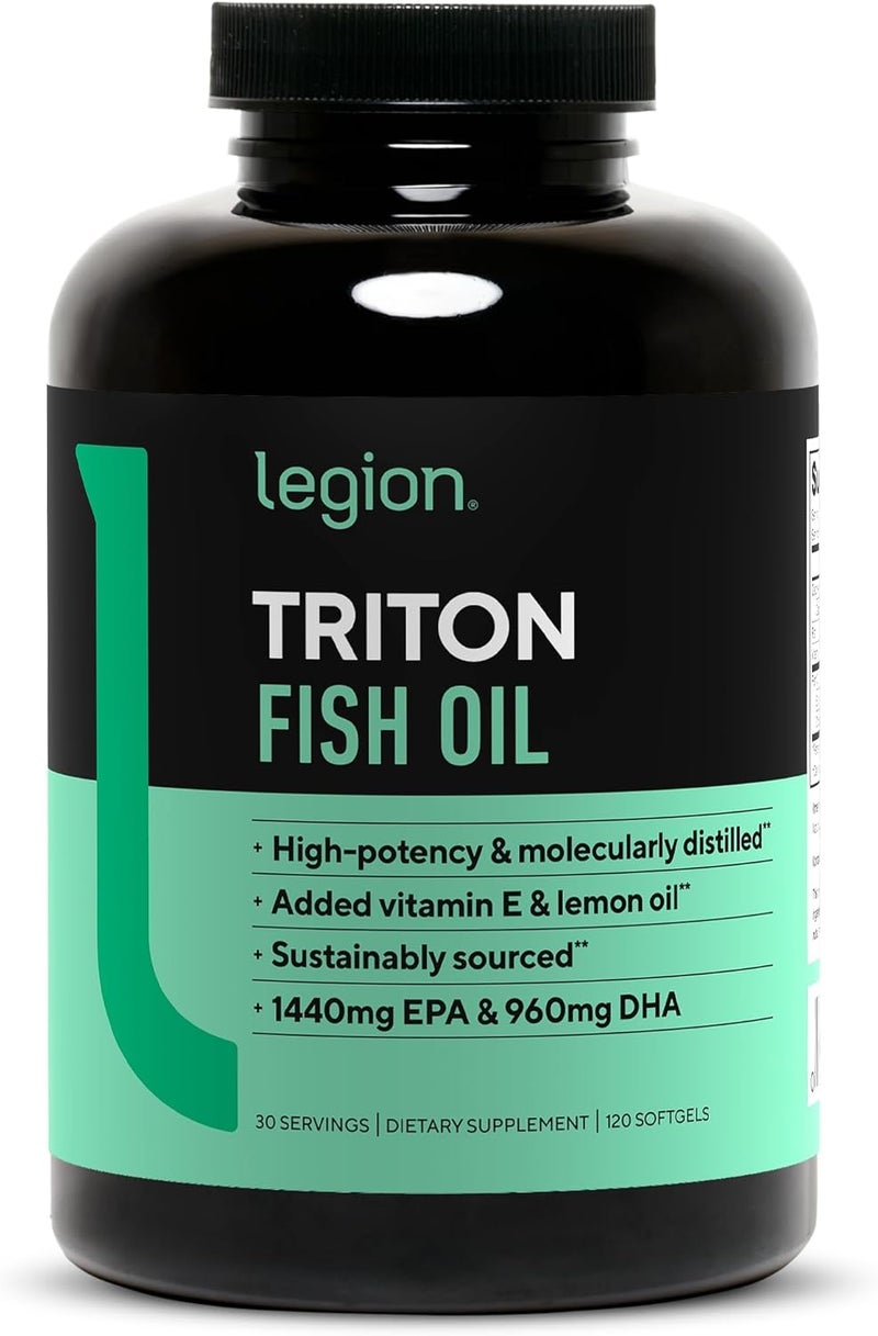 LEGION Triton Fish Oil Capsules  Triple Strength Omega 3 Essential Fatty Acids with Vitamin E  Lemon Oil for Maximum Absorption Freshness  Purity  2400mg EPA  DHA Per Serving 30 Svgs - Image 1