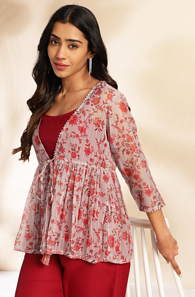 Janasya Women's Wine Moss Solid 3 Piece Jacket Set(SET822-TJ-STP-L) - Image 2