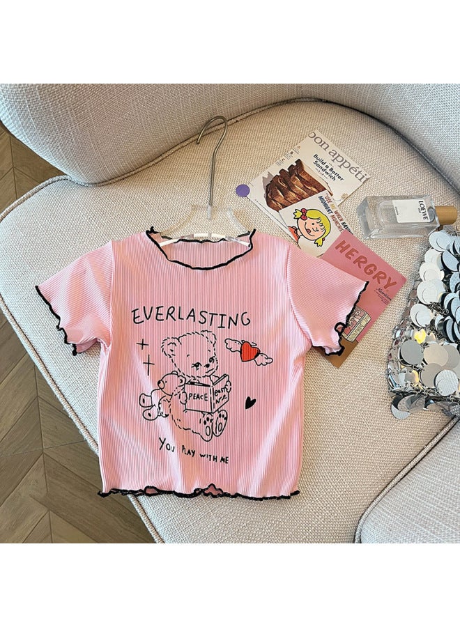 Girls' Short-sleeve T-shirt  Summer New Style Children's Versatile Ruffle Top Cute Printed T-shirt For Baby Girls Trendy