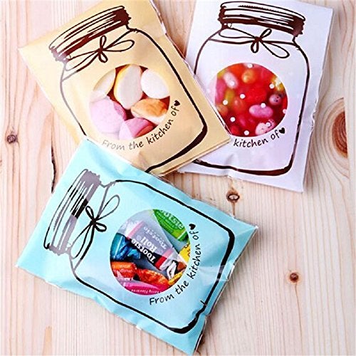 Desi Rang Plastic Transparent Candy Cookie Chocolate Gift Bag Self Adhesive Pouch Birthday Wedding Party Conference Meeting seminar Supplies with jar Bottle Pattern (50 pcs,Yellow,Large) - Image 2