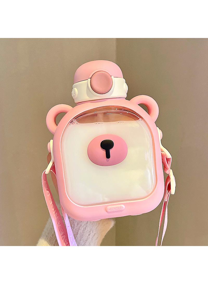 Square water cup for girls, large capacity straw cup for bears, student portable plastic cup