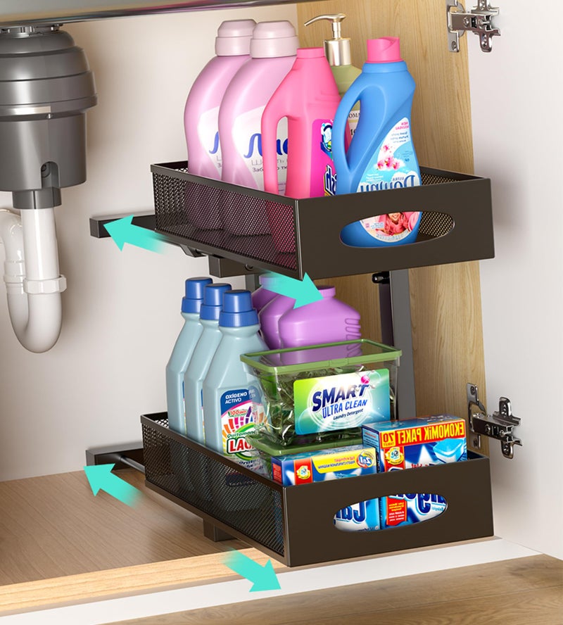 Beleeb Under Sink Organizer, 1-Pack of 2-Tier Metal Slide Out Pull Out Cabinet Organizer Shelf, Height Adjustable Organization and Storage Series, Bathroom/Desktop/Cabinet/Kitchen organization, Black - Image 1