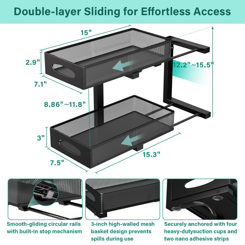 Beleeb Under Sink Organizer, 1-Pack of 2-Tier Metal Slide Out Pull Out Cabinet Organizer Shelf, Height Adjustable Organization and Storage Series, Bathroom/Desktop/Cabinet/Kitchen organization, Black - Image 2