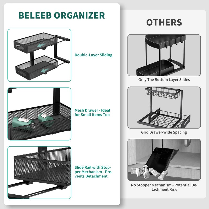 Beleeb Under Sink Organizer, 1-Pack of 2-Tier Metal Slide Out Pull Out Cabinet Organizer Shelf, Height Adjustable Organization and Storage Series, Bathroom/Desktop/Cabinet/Kitchen organization, Black - Image 4
