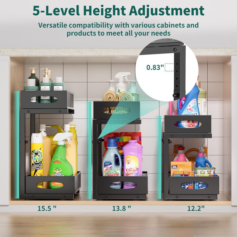 Beleeb Under Sink Organizer, 1-Pack of 2-Tier Metal Slide Out Pull Out Cabinet Organizer Shelf, Height Adjustable Organization and Storage Series, Bathroom/Desktop/Cabinet/Kitchen organization, Black - Image 3
