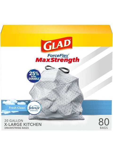 Trash Bags, ForceFlexPlus XL X-Large Kitchen Drawstring Garbage Bags - 20 Gallon Grey Trash Bag, Fresh Clean with Febreze Freshness 80 Count (Package May Vary)