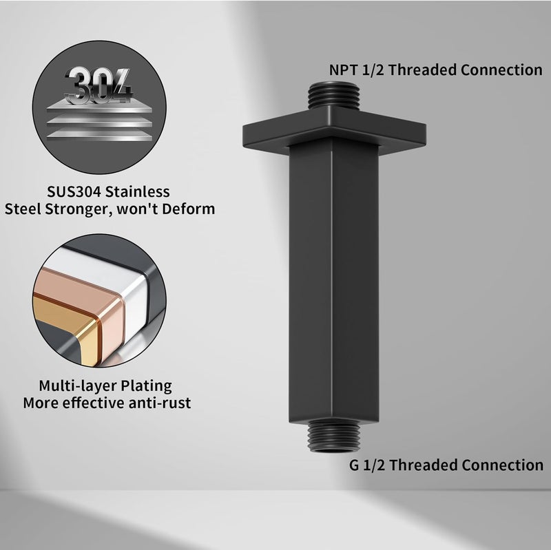 KATAIS Matte Black Shower Arm with Flange Square Stainless Steel Ceiling Mounted Shower Extension Arm Pipe for Rainfall Shower Head, 4 inch - Image 2