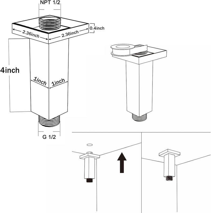 KATAIS Matte Black Shower Arm with Flange Square Stainless Steel Ceiling Mounted Shower Extension Arm Pipe for Rainfall Shower Head, 4 inch - Image 4