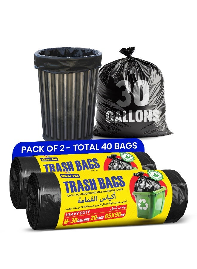 Silver Pot 40pcs 30 Gallons Black Heavy Duty Garbage Bags, Trash Bags, Waste Bags, Bin Bags, Bio-Degradable Disposable Waste Bags, 65 x 95cm - Image 1