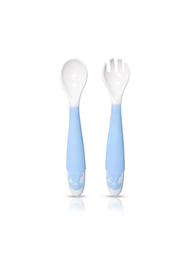 Luvlap Bendable Weaning Spoon & Fork Set With Rounded Tip Baby Feeding Spoons Baby Self Feeding Baby Cutlery Heat Resistant Soft Silicone For Toddler Bpa Free Food Grade Material 3M+ (Blue) - Image 2