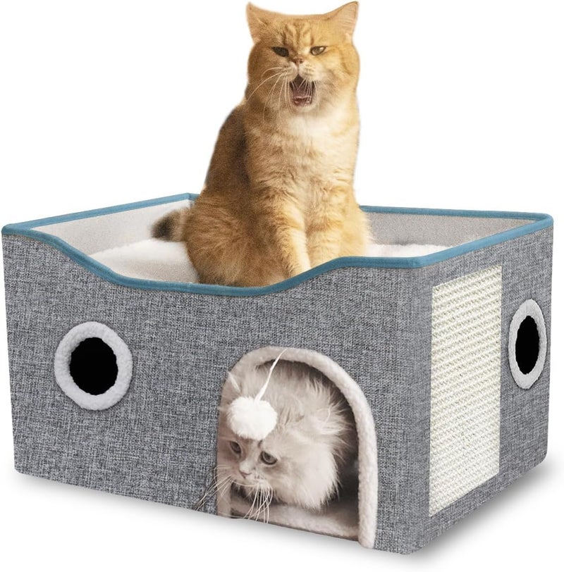 Earwig Cat Bed for Indoor Cats Cube House, Covered Cat Cave Beds & Furniture with Scratch Pad and Hideaway Cat,Round Window, Cute Modern Cat Condo for Multi Small Pet Large Kitten Kitty (EA-01) - Image 1