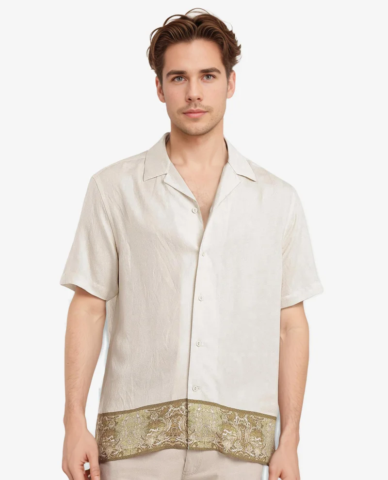 Rare Rabbit Rare Rabbit Men Slick Beige Cuban Collar Short Sleeve Decorative Placement Print Boxy Fit Shirt