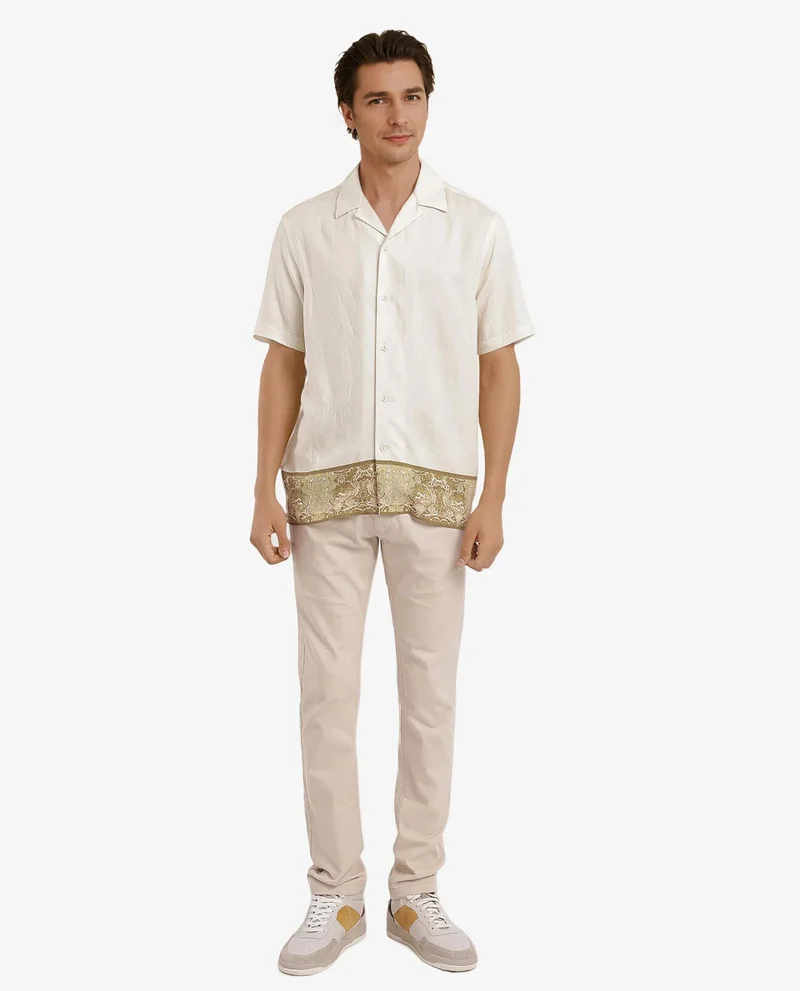 Rare Rabbit Rare Rabbit Men Slick Beige Cuban Collar Short Sleeve Decorative Placement Print Boxy Fit Shirt