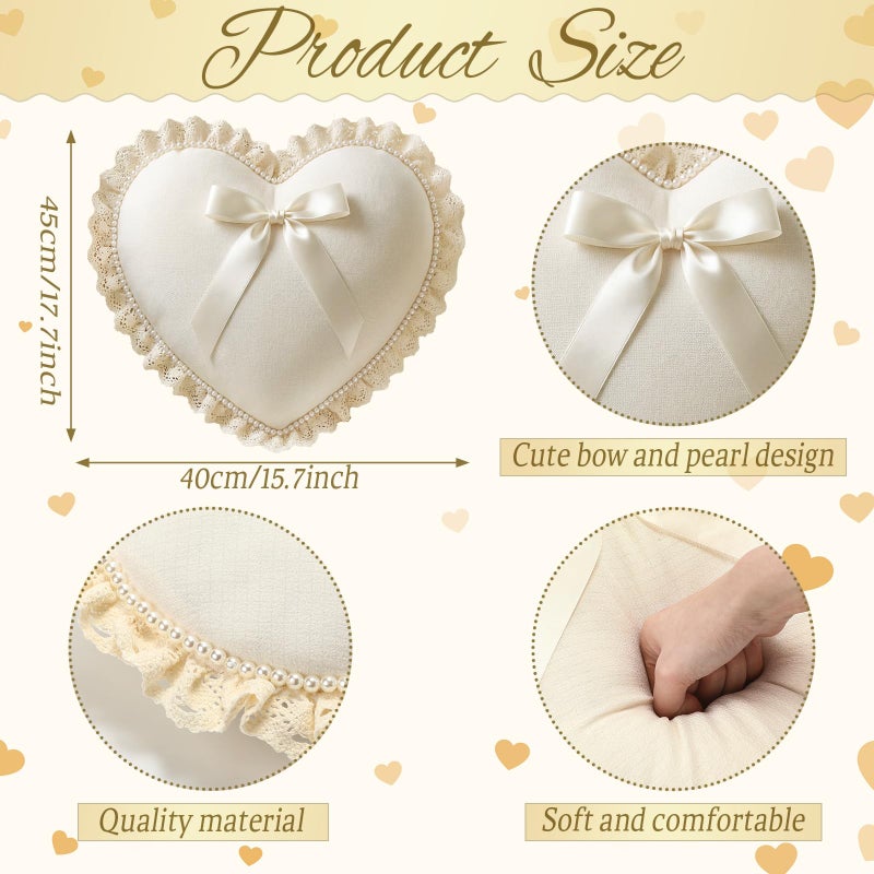 Amyhill White Heart Pillow with Bow 18x16 Inch Lace Pearl Heart Throw Pillow Cute Bow Decorative Cushion for Wedding Party Room Bed Sofa Couch Decor - Image 2