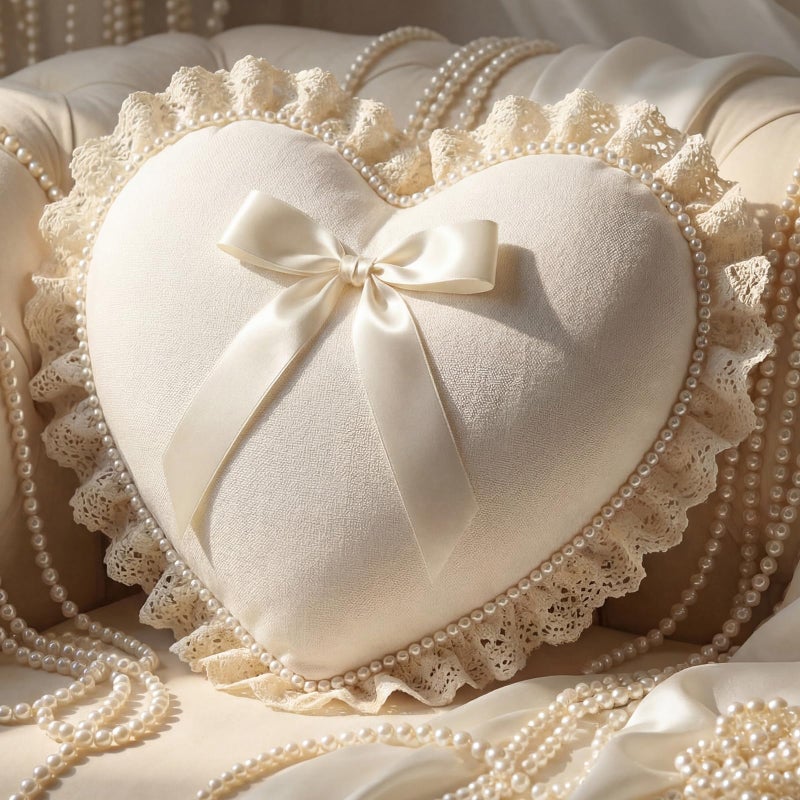 Amyhill White Heart Pillow with Bow 18x16 Inch Lace Pearl Heart Throw Pillow Cute Bow Decorative Cushion for Wedding Party Room Bed Sofa Couch Decor - Image 1