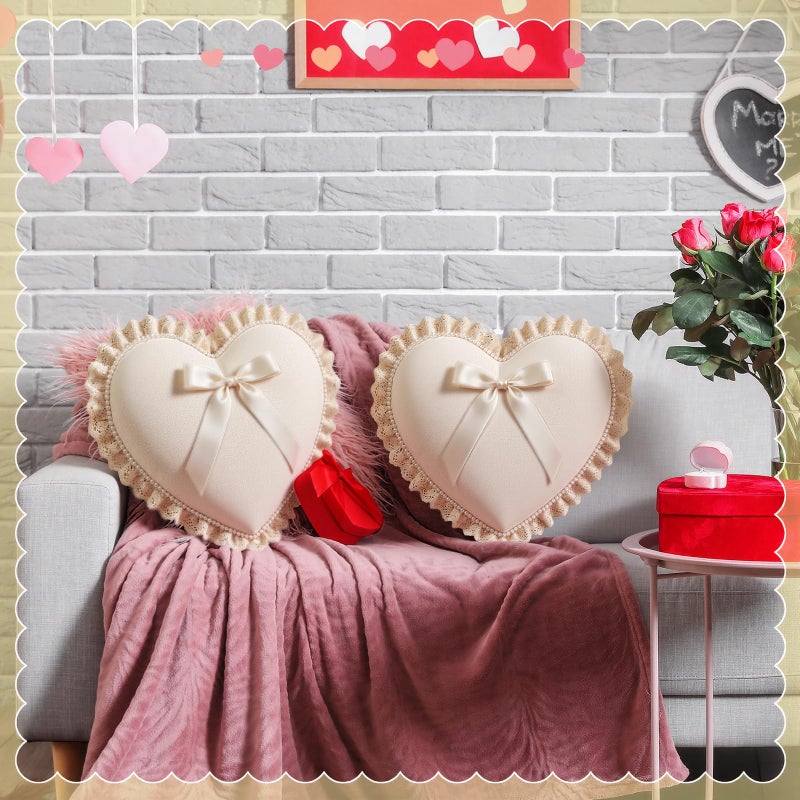 Amyhill White Heart Pillow with Bow 18x16 Inch Lace Pearl Heart Throw Pillow Cute Bow Decorative Cushion for Wedding Party Room Bed Sofa Couch Decor - Image 3