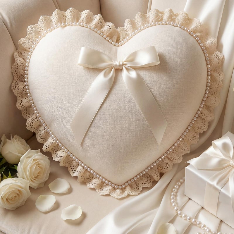 Amyhill White Heart Pillow with Bow 18x16 Inch Lace Pearl Heart Throw Pillow Cute Bow Decorative Cushion for Wedding Party Room Bed Sofa Couch Decor - Image 4