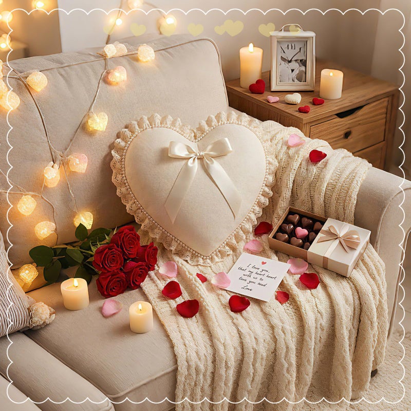 Amyhill White Heart Pillow with Bow 18x16 Inch Lace Pearl Heart Throw Pillow Cute Bow Decorative Cushion for Wedding Party Room Bed Sofa Couch Decor - Image 5