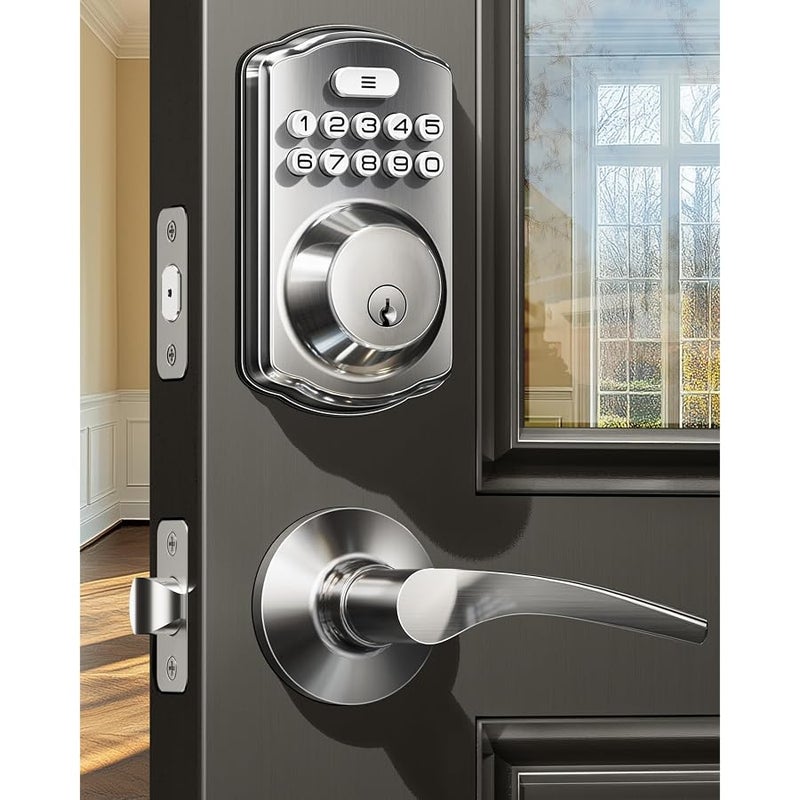 Veise Keyless Entry Door Lock with 2 Lever Handles - Electronic Keypad Deadbolt, Easy Installation Digital Smart Front Door Lock Set, Satin Nickel - Image 1