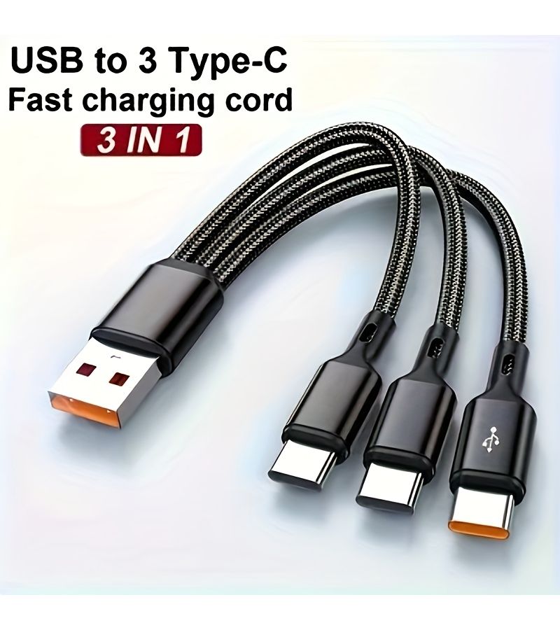 3 in 1 USB to Type C Cable 6A Fast Charging Data Sync Cable 7.87 Inches Red For Cell Phones And Tablets - Image 3