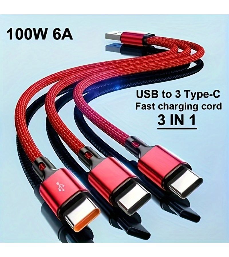 3 in 1 USB to Type C Cable 6A Fast Charging Data Sync Cable 7.87 Inches Red For Cell Phones And Tablets - Image 1