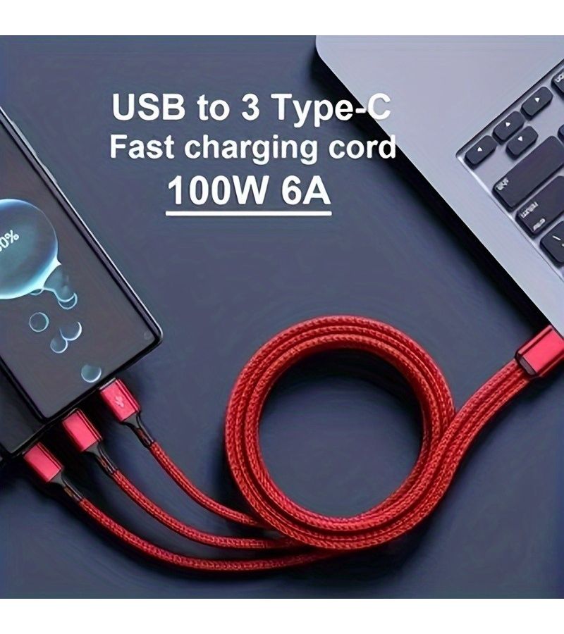 3 in 1 USB to Type C Cable 6A Fast Charging Data Sync Cable 7.87 Inches Red For Cell Phones And Tablets - Image 4