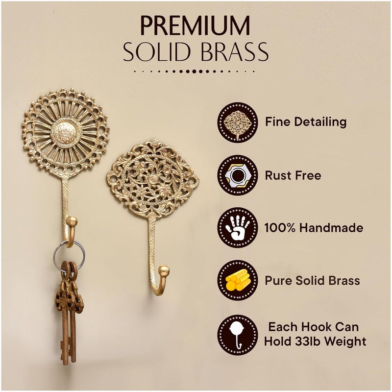 Indian-Shelf IndianShelf 3 Boho Wall Hooks Decorative Wall Hooks Brass Wall Hooks Shabby Chic Key Hooks Holder Coat Rack Wall Mount Gold Wall Hooks Vintage Wall Hooks Coat Hooks for Hanging Coats Gold Hooks - Image 2